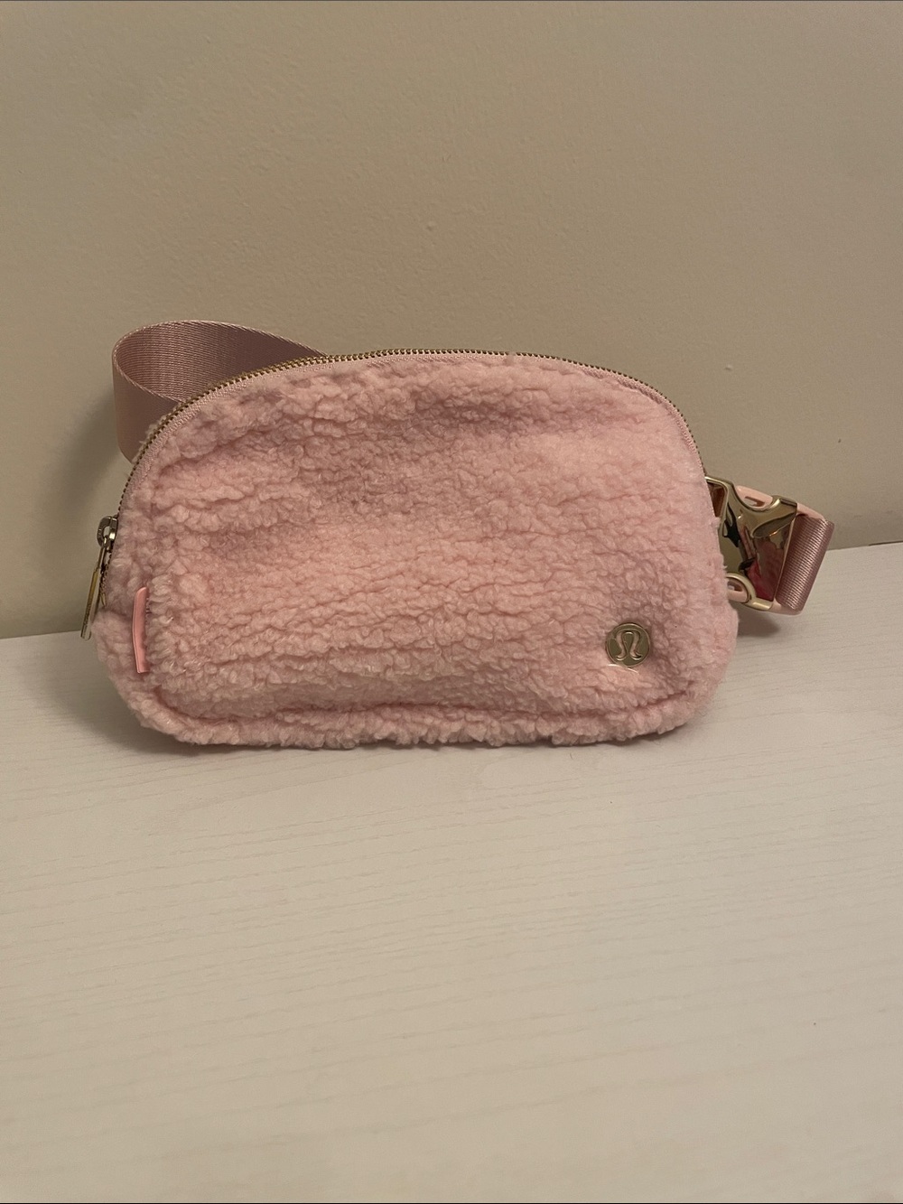 lululemon Blush Pink Sherpa Crossbody Pouch with Gold Hardware